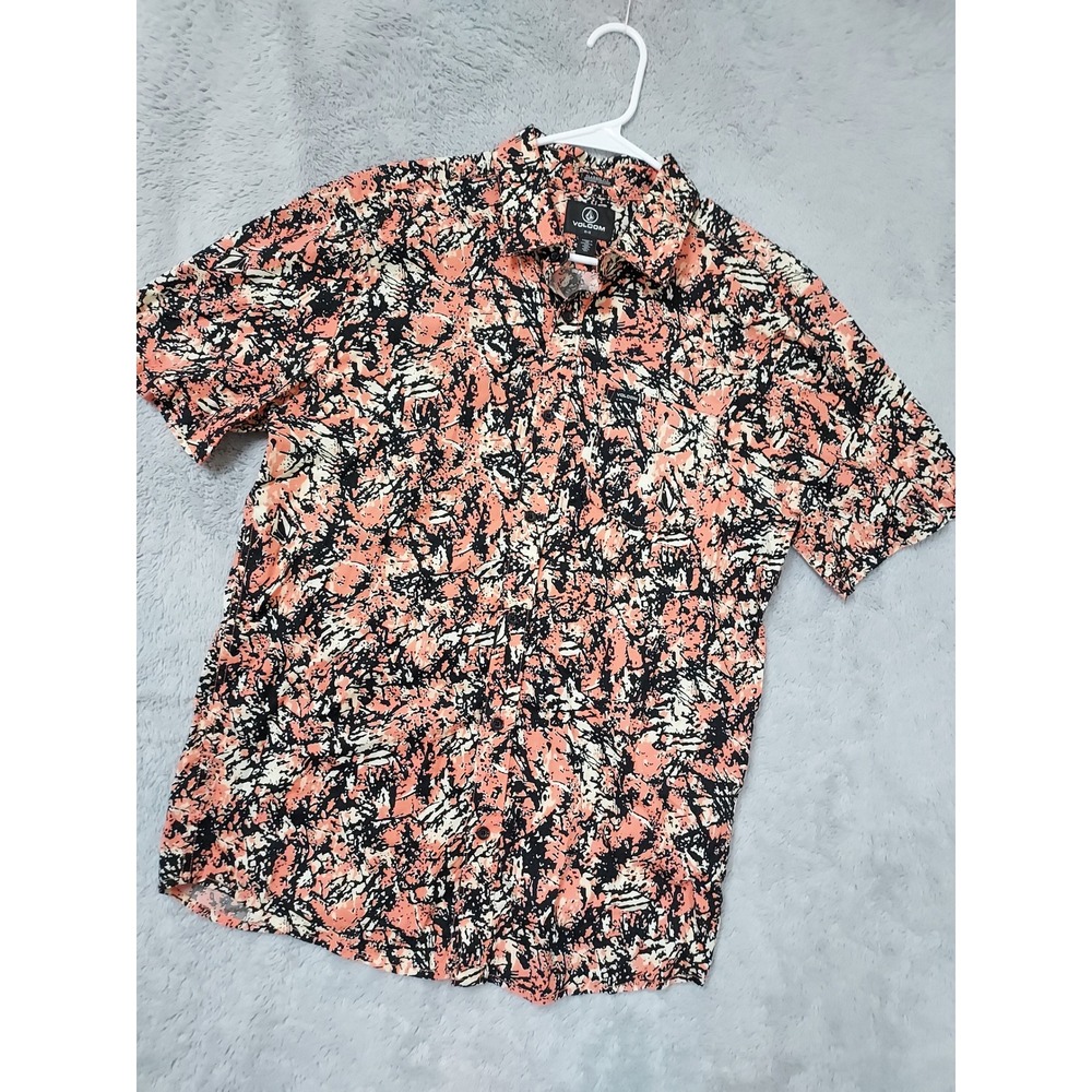Volcom Shirt Mens Medium Short Sleeve Classic Fit Abstract Print Oragne Surfer